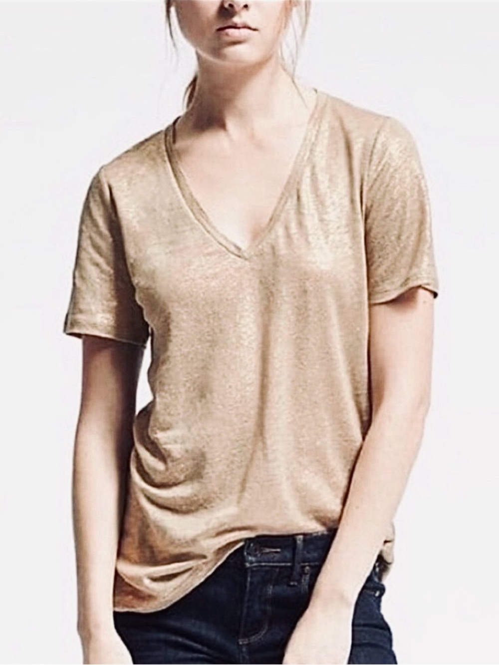 J.Crew Linen V-Neck Metallic Foil Shimmer Tee, EUC
